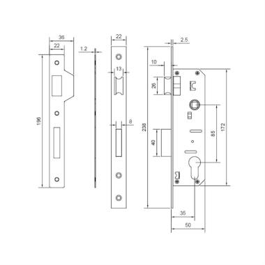 Narrow Style Lock Body for Aluminium Doors with Latch & Dead Bolt | Ozone