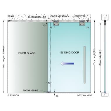 Sliding System Set W|O Track for Single Frameless Door of 100 Kg | Ozone